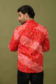 Men’s Handcrafted Bandhani Short Kurta – Pink and Red Tie-Dye Print